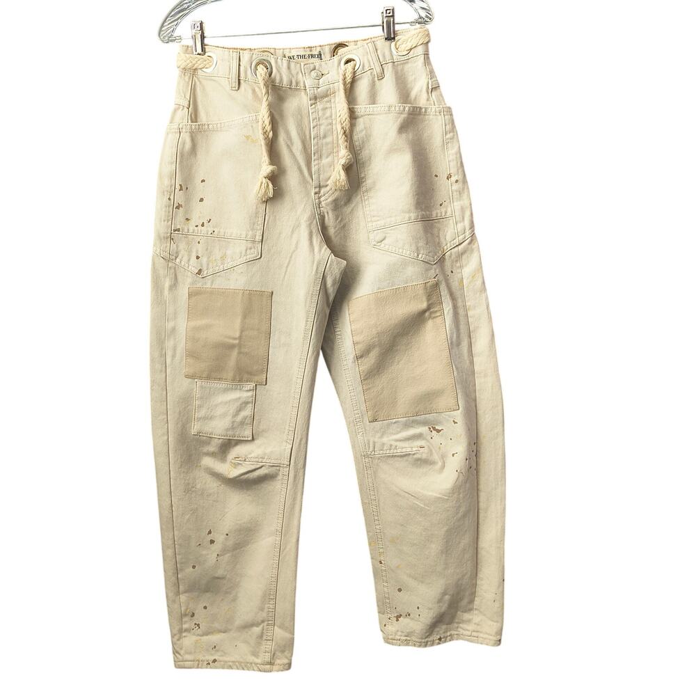 Free People Cream Drawstring Patchwork Wide Leg Jeans